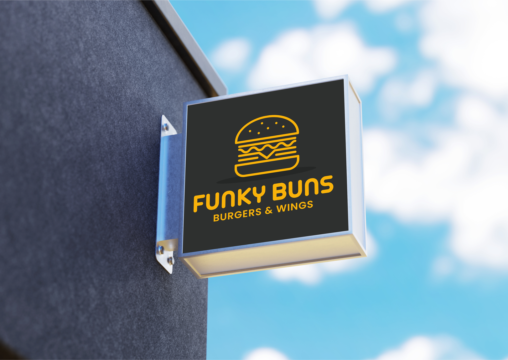 Funky Buns Burgers & Wings sign outside restaurant
